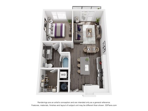 The Ashford | Glenn Perimeter A 3D floor plan of a small apartment with a kitchen, living room, and bathroom.
